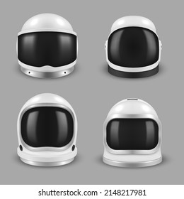 Collection realistic astronaut helmet with protective glass different shape vector illustration. Set cosmonaut mask for space exploration and flight in cosmos isolated. Spaceman safety costume