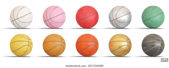 Coleção de basquete realista isolado em fundo branco. Conjunto de bolas de basquete 3D em cores diferentes.  conceito de estilo de vida saudável. Ilustração do vetor 3D.