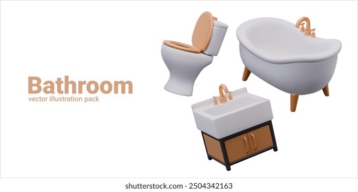 Collection of realistic bathroom fixtures. Washbasin with cabinet, bathtub, toilet with seat