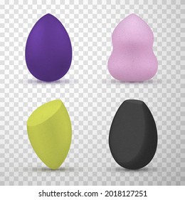 Collection of realistic beauty sponge vector illustration. Set of cosmetics tool for applying foundation, BB cream, powder or concealer template isolated on transparent. Makeup blender for creme