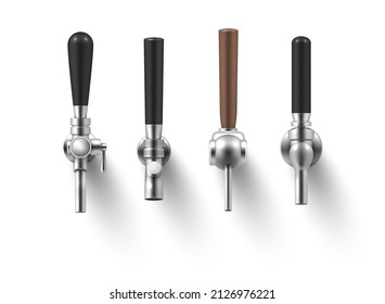 Collection realistic beer taps with brown and black handles different shape vector illustration. Set different type equipment for bar pub isolated. Faucet for pouring beverage with stainless elements