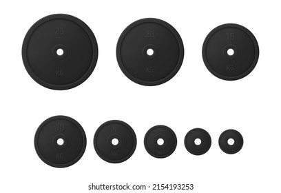 Collection realistic black circle plates different weight for barbells vector illustration. Set heavy gym equipment for bodybuilding and powerlifting isolated. Athletic lifting training muscular body