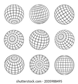 Collection of realistic black globe grid vector illustration. Set of striped 3d spheres geometry shapes earth latitude and longitude line isolated on white. Spherical cartography form orbit model