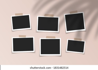 Collection Of Realistic Blank Photo Frames With Adhesive Tape, Trendy Tropical Shadow Overlay Effect. Mockup Design. Vector Illustration