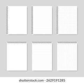 collection of realistic blank spiral notebook sheets with lines, cells, place for text