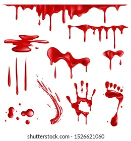 A Collection Of Realistic Blood Smear Stains. Drops And Splashes Of Blood. Halloween Concept Red Splashes And Spots. Bloody Hand And Footprints.