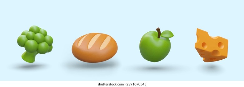 Collection with realistic broccoli, round orange loaf, green tasty apple and slice of cheese. Concept of healthy food. Vector illustration in 3d style with blue background