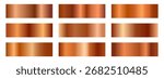Collection of realistic bronze and copper metallic gradients. Set of variety of shiny, polished, and reflective metal textures in rectangular swatches, perfect for backgrounds