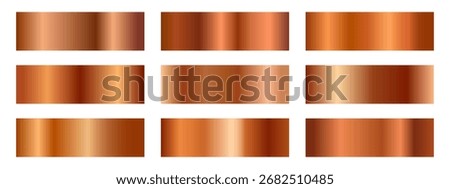Collection of realistic bronze and copper metallic gradients. Set of variety of shiny, polished, and reflective metal textures in rectangular swatches, perfect for backgrounds