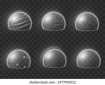 Collection realistic bubble shield vector illustration. Set of energy or defense deflector, force bubble isolated on black transparent. Science fiction element or grid of absolute protection