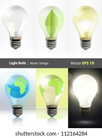 Collection of realistic bulbs. Lightbulb, lightbulb off, bulb with earth, and bulb with leaf. Vector design.