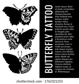 Collection of realistic butterfly tattoos . Beautiful Winged Butterfly. Set of butterfly tattoos. Mystical symbol of freedom. It may be used for design of t-shirt, bag, cup, postcard, poster