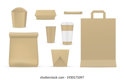 Collection of realistic card packaging for fast food take away mock up vector flat illustration. Set templates of cardboard pack bag paper cup carrying keeping or delivery fastfood isolated on white