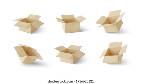 Collection of realistic cardboard brown delivery boxes with shadow or postal parcel packaging isolated on white background. Vector illustration