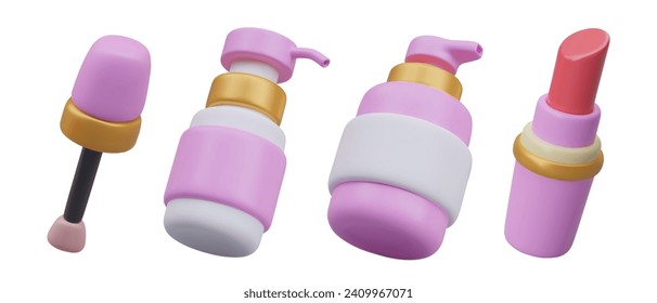 Collection of realistic care and decorative cosmetics. Pump bottle, spray, lipstick, makeup brush, nail polish. Category of goods for women. Vector mockups