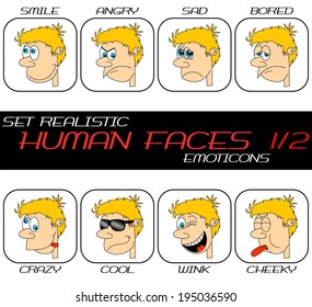 Collection of realistic caricature human face web emoticons. Boy head with hair, nose, eyes, mouth, teeth in different expressions. Set 1/2. vector art image illustration, isolated on white background