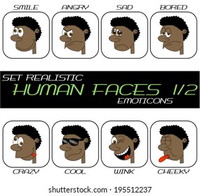 Collection of realistic caricature human face web emoticons. Boy head with hair, nose, eyes, mouth, teeth in different expressions. Set 1/2. vector art image illustration, isolated on white background