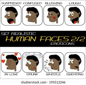 Collection of realistic caricature human face web emoticons. Boy head with hair, nose, eyes, mouth, teeth in different expressions. Set 2/2. vector art image illustration, isolated on white background