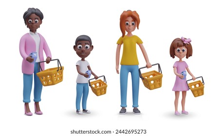 Collection of realistic characters of modern shoppers. Woman, girl, teenager, boy