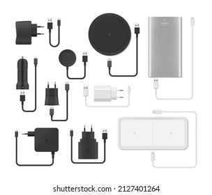 Recolectar cargas realistas para varias ilustraciones vectoriales de gadgets. Cables micro USB, conectores, banco de alimentación portátil, enchufes y enchufe. Conjunto de conector eléctrico 3d de plantilla para teléfono, reloj, pc