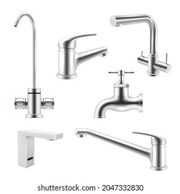 Colección de imagen de vector de grifo de agua cromada. Conjunto de accesorios de agua de fontanería de cocina y baño aislados en blanco. Equipamiento del mezclador de válvulas para el control de caída por goteo. Hogar inoxidable