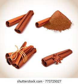 Collection of realistic cinnamon sticks. Spices. Vector illustration