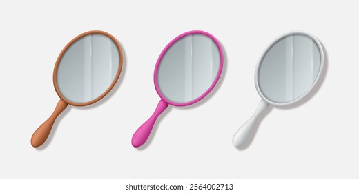 Collection of realistic classic hand mirrors isolated on light background. Vector 3d illustration.