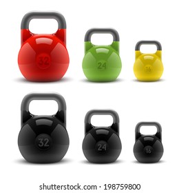Collection of realistic classic kettlebells isolated on white background. Fitness symbol. Vector illustration