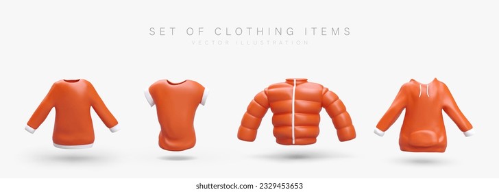 Sammlung von realistischen Kleidungssymbols. Orangefarbenes Sweatshirt, T-Shirt, Puffer-Jacke, Huhn. Unisex Freizeitsportbekleidung. Moderner Jugendstil. Helles, isoliertes Vektorbild mit Schatten