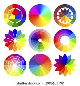 Collection of realistic color wheel different shapes vector illustration. Set of multicolored circular palettes isolated. Charts with chromatic combinations segments. Mixing rainbow spectrum scheme