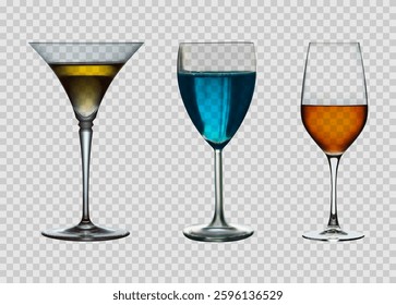 Collection of realistic colorful cocktail glass isolated on a transparent baclground