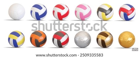 Collection of Realistic colorful volleyball isolated on white background. Set of 3D volleyball vector icon. 3D Vector illustration.