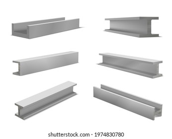 Collection of realistic construction metal beams vector illustration in isometric style. Set of different metallic profile for manufacturing industry isolated. Gray iron rod for engineering production