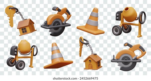 Collection of realistic construction objects in different positions