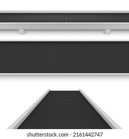 Collection realistic conveyor belt top front side view vector illustration. Set industrial empty production line automated manufacturing engineering. Modern equipment for factory plant