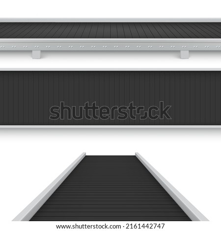 Collection realistic conveyor belt top front side view vector illustration. Set industrial empty production line automated manufacturing engineering. Modern equipment for factory plant