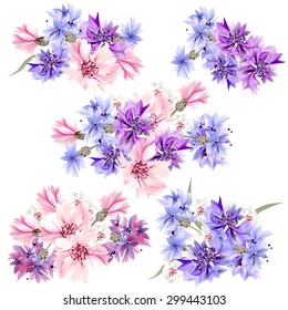 Collection of realistic cornflowers on white beautiful for design