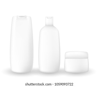 Collection of realistic cosmetic plastic bottles isolated on white background.Cosmetic brand template. Vector illustration.