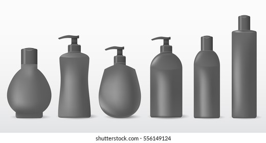Collection of realistic cosmetic plastic bottles on a white background.Cosmetic brand pattern. Design Beauty Products. Vector illustration.