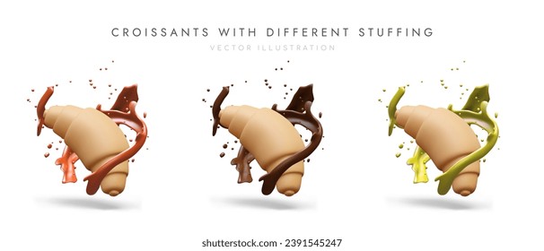 Collection of realistic croissants with different stuffing. Illustrations for cafeteria menu. Assortment of confectionery, bakery. Detailed splashes, drops