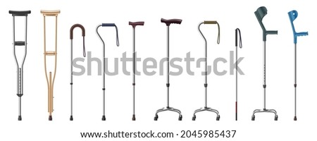 Collection of realistic crutches and walking sticks. Set of metal and wooden canes, telescopic elbow crutch isolated. Medical devices equipment for old or disabled person support. Vector illustration