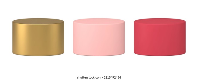Collection realistic cylinder podium pillar column museum stage podium 3d template vector illustration. Set of vertical base pedestal minimalist geometric shape render studio foundation isolated