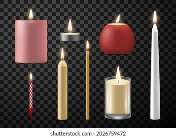 Collection of realistic decorative candles vector illustration. Set of holiday celebration wax flame isolated on transparent. Burning flammable decor for festive event, warming, romantic, cosiness