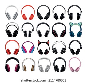 Collection of realistic detailed headphones. Audio devices.