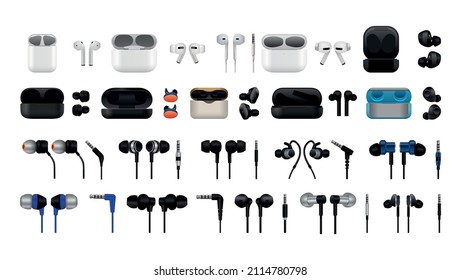 Collection of realistic detailed headphones and cases. Audio devices. Wired and wireless modern earphones.