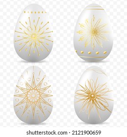 A collection of realistic Easter eggs with a decorative gold gradient pattern