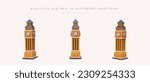 Collection of realistic Elizabeth Towers. 3D figurines of Big Ben with large clock. Architectural monument of London, view from different sides. Illustration for sites about England