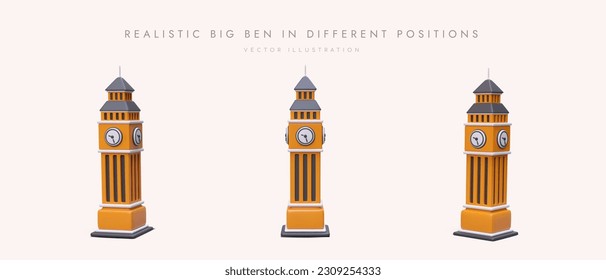 Collection of realistic Elizabeth Towers. 3D figurines of Big Ben with large clock. Architectural monument of London, view from different sides. Illustration for sites about England