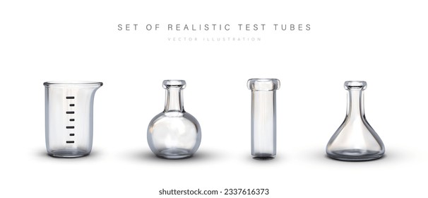 Collection of realistic empty labware. Clean, washed test tubes, beaker, flask. Transparent glassware. Equipment is ready for use. Illustrations for laboratory tool shop, website, game