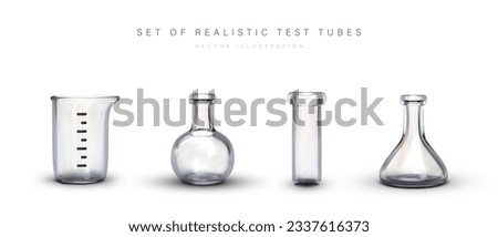 Collection of realistic empty labware. Clean, washed test tubes, beaker, flask. Transparent glassware. Equipment is ready for use. Illustrations for laboratory tool shop, website, game